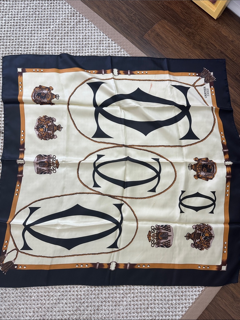 Elegant Black and Cream Silk Scarf with Brown Accents